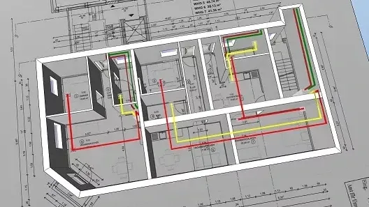 Planung für ein Bestandsgebäude mit modularen Wärmepumpen – drei Wohneinheiten pro Geschoss werden jeweils separat versorgt.