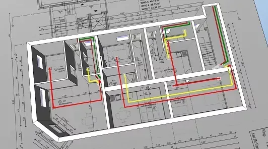 Planung für ein Bestandsgebäude mit modularen Wärmepumpen – drei Wohneinheiten pro Geschoss werden jeweils separat versorgt.