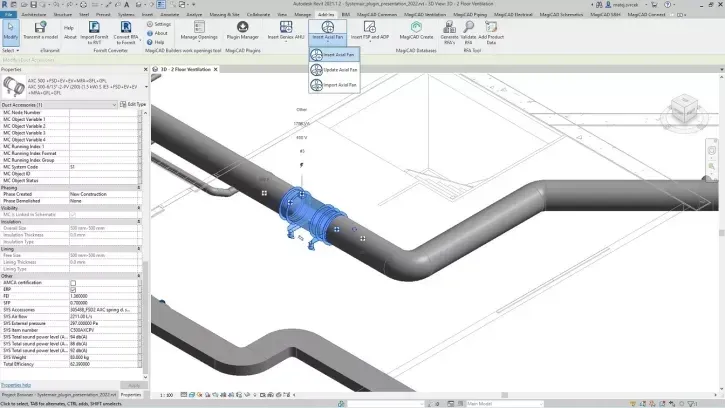 Das Plugin überträgt die 3D-Darstellung aller Axialventilatoren sowie des passenden Zubehörs direkt in das Planungstool. Darüber hinaus werden wichtige Daten wie Volumenstrom, Druckverlust, Schallleistungspegel und Leistungsaufnahme automatisch integriert.