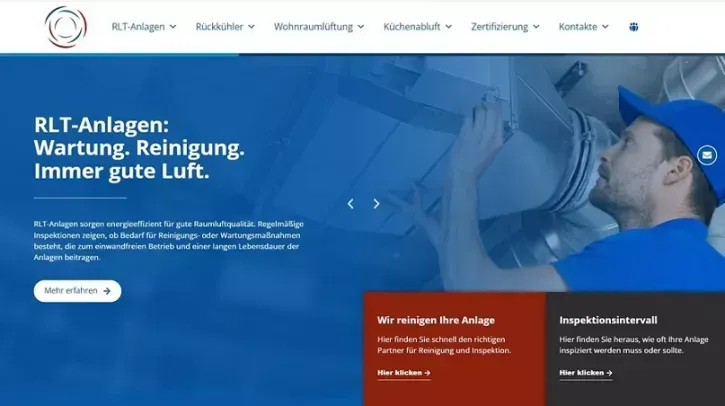 Die Website rlt-reinigung.de informiert über die Inspektion und Reinigung von RLT-Anlagen, Rückkühlern, Wohnraumlüftungsanlagen und Küchenabluftanlagen.