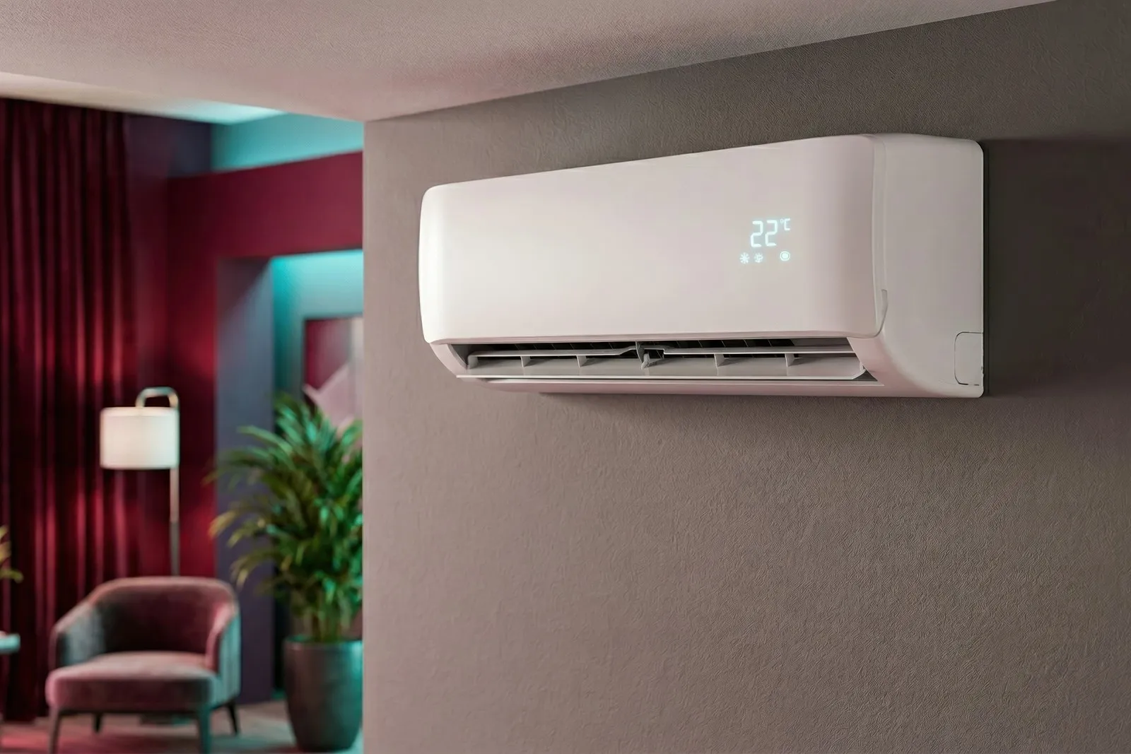Eine Split-Klimaanlage kühlt einen Wohnraum. 