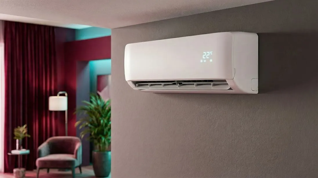 Eine Split-Klimaanlage kühlt einen Wohnraum. 