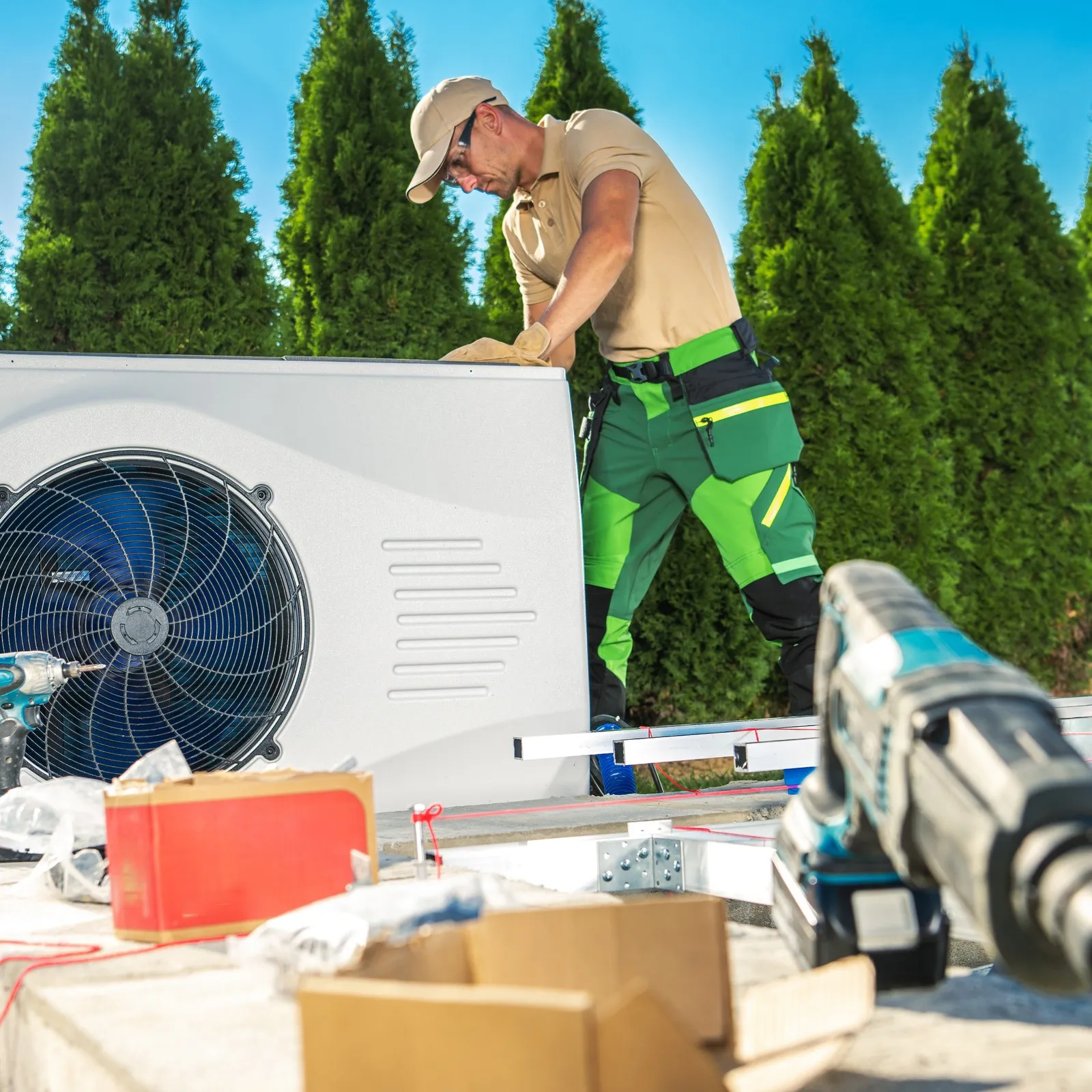 Handwerker baut Wärmepumpe ein