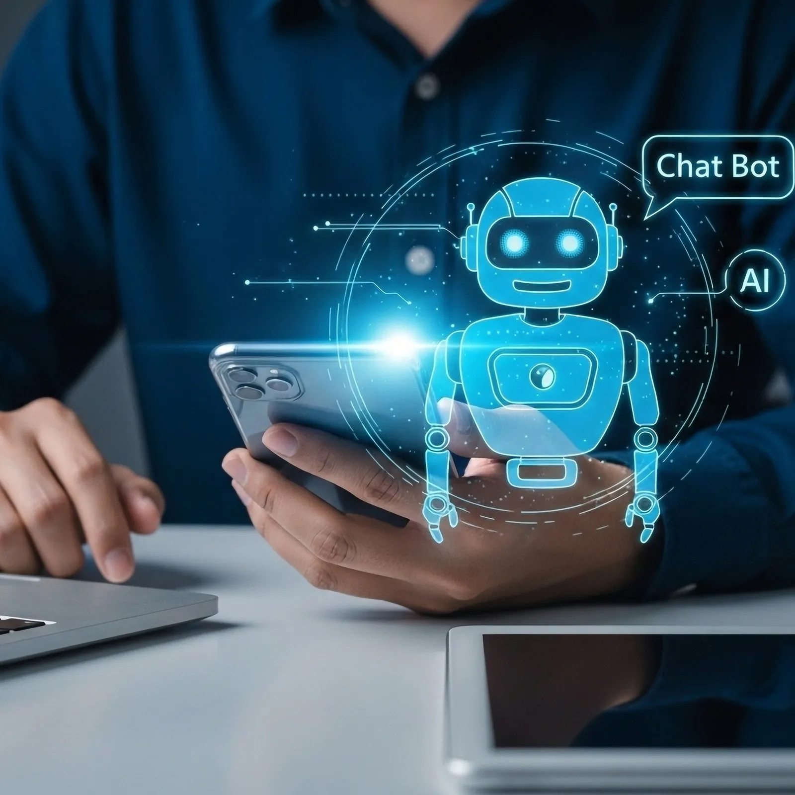 Eine Person sitzt am Laptop und hält gleichzeitig ein Smartphone in den Händen. Im Vordergrund des Fotos befindet sich ein zusätzliches grafisches Element: Hier wird ein Chatbot dargestellt, umgeben von leuchtenden blauen Linien.