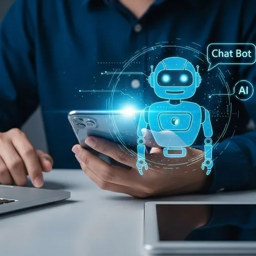 Eine Person sitzt am Laptop und hält gleichzeitig ein Smartphone in den Händen. Im Vordergrund des Fotos befindet sich ein zusätzliches grafisches Element: Hier wird ein Chatbot dargestellt, umgeben von leuchtenden blauen Linien.