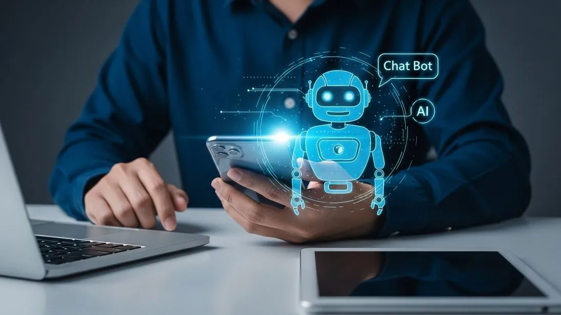 Eine Person sitzt am Laptop und hält gleichzeitig ein Smartphone in den Händen. Im Vordergrund des Fotos befindet sich ein zusätzliches grafisches Element: Hier wird ein Chatbot dargestellt, umgeben von leuchtenden blauen Linien.