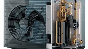 Eine transparente Wärmepumpe, durch die man den Ventilator sowie weitere Technik und Rohre erkennen kann. 
