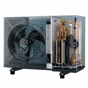 Eine transparente Wärmepumpe, durch die man den Ventilator sowie weitere Technik und Rohre erkennen kann.