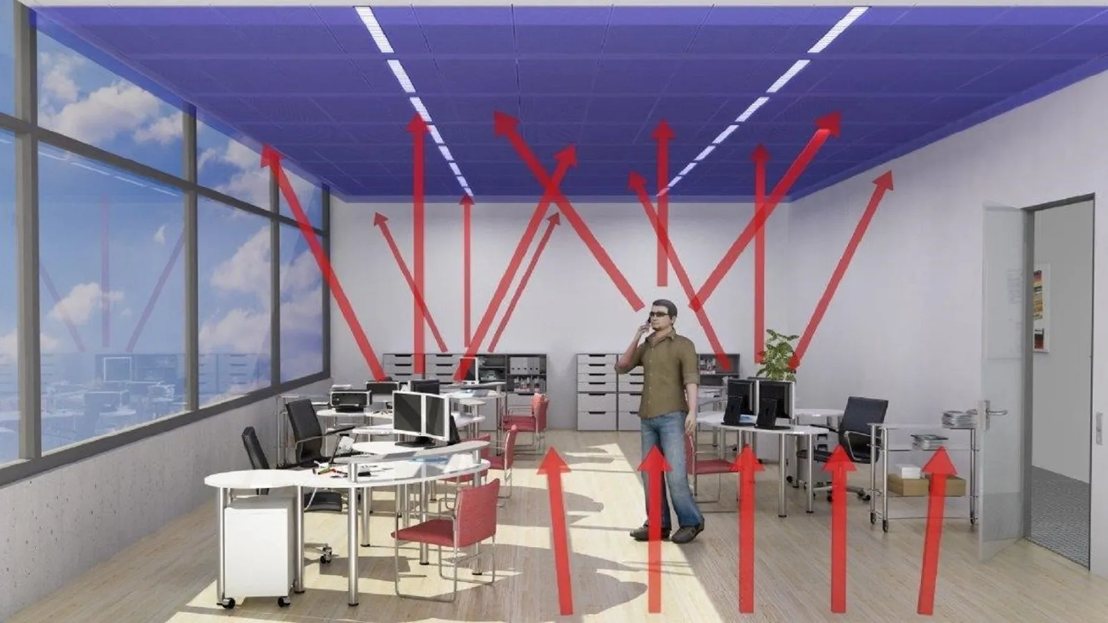 Eine Modelldarstellung der Deckenkühlung in Bürogebäuden. 