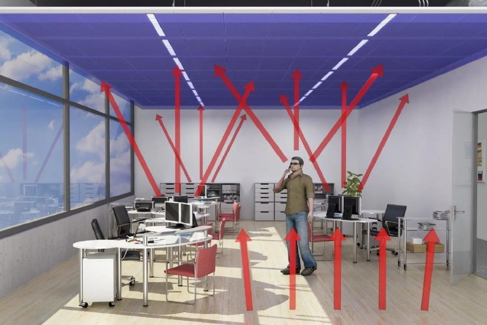 Eine Modelldarstellung der Deckenkühlung in Bürogebäuden. 