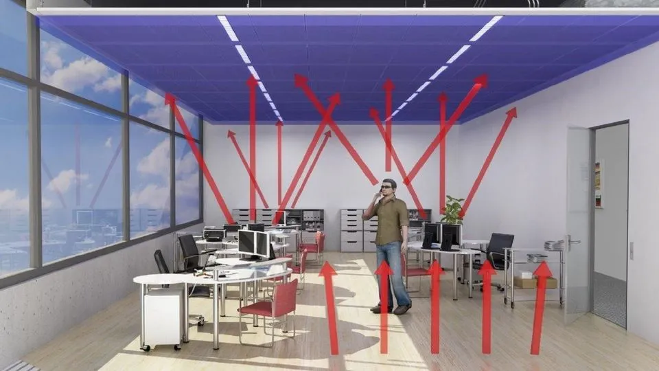 Eine Modelldarstellung der Deckenkühlung in Bürogebäuden.