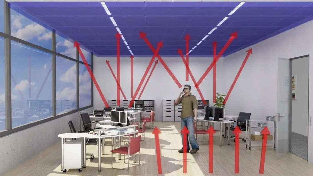 Eine Modelldarstellung der Deckenkühlung in Bürogebäuden. 