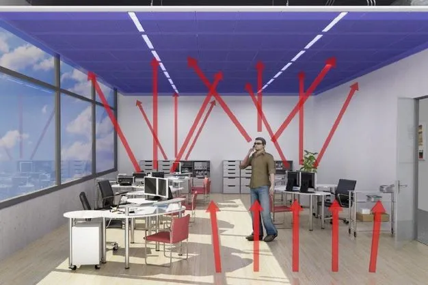 Eine Modelldarstellung der Deckenkühlung in Bürogebäuden. 