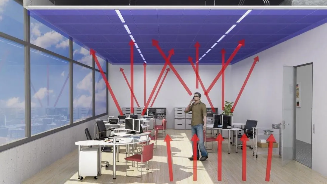 Eine Modelldarstellung der Deckenkühlung in Bürogebäuden. 