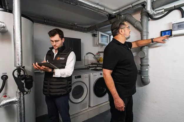 Zwei Techniker installieren eine Wärmepumpe im Keller eines Hauses. 