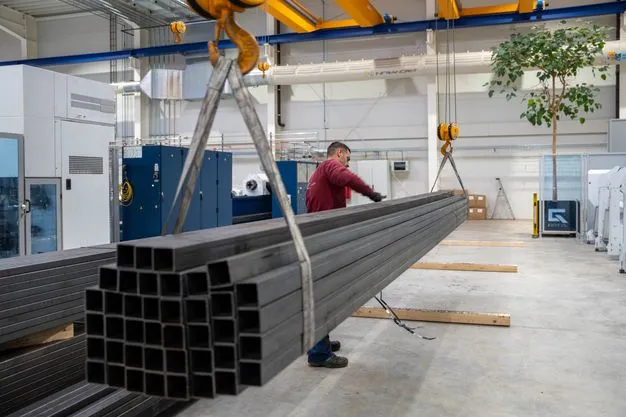 Metallprofile auf einem Kran mit einem Metallbauer. 