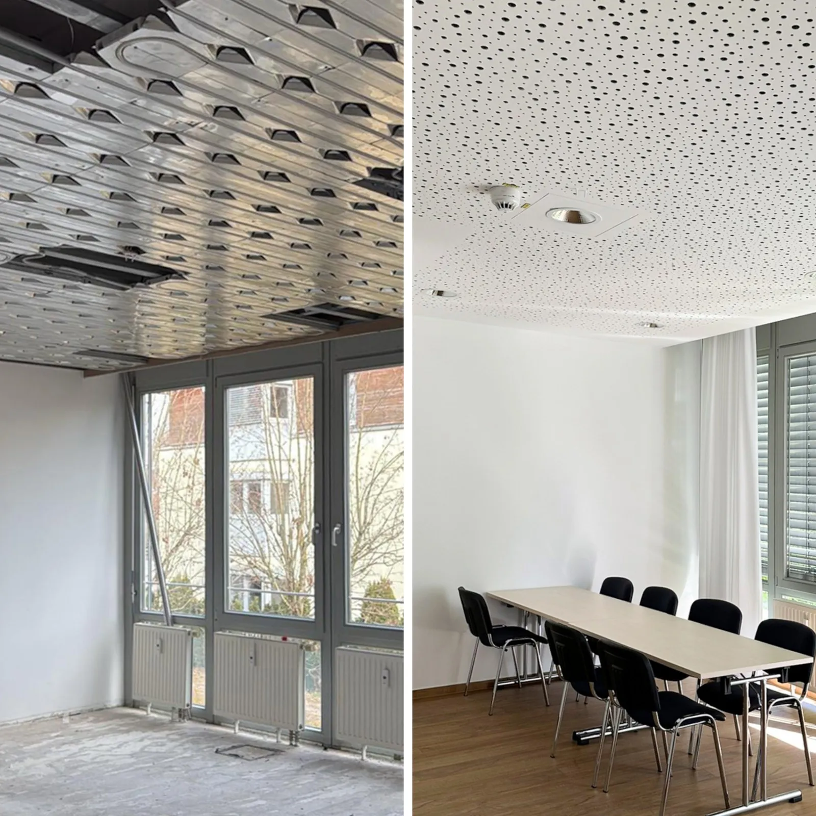 Vergleich Deckentemperierungssystem im Bau und im fertigen Raum mit Akustikdecke verkleidet.