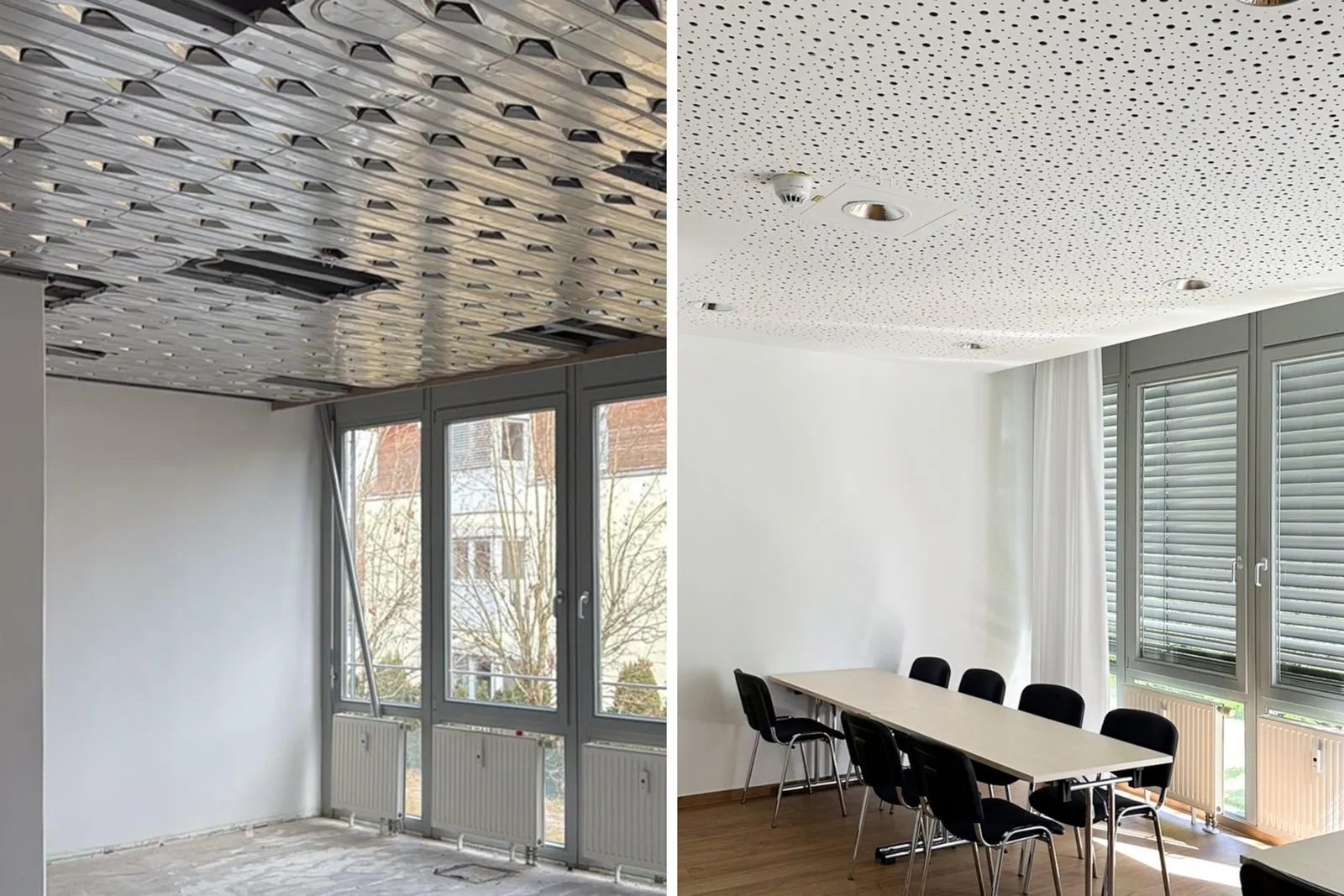 Vergleich Deckentemperierungssystem im Bau und im fertigen Raum mit Akustikdecke verkleidet.