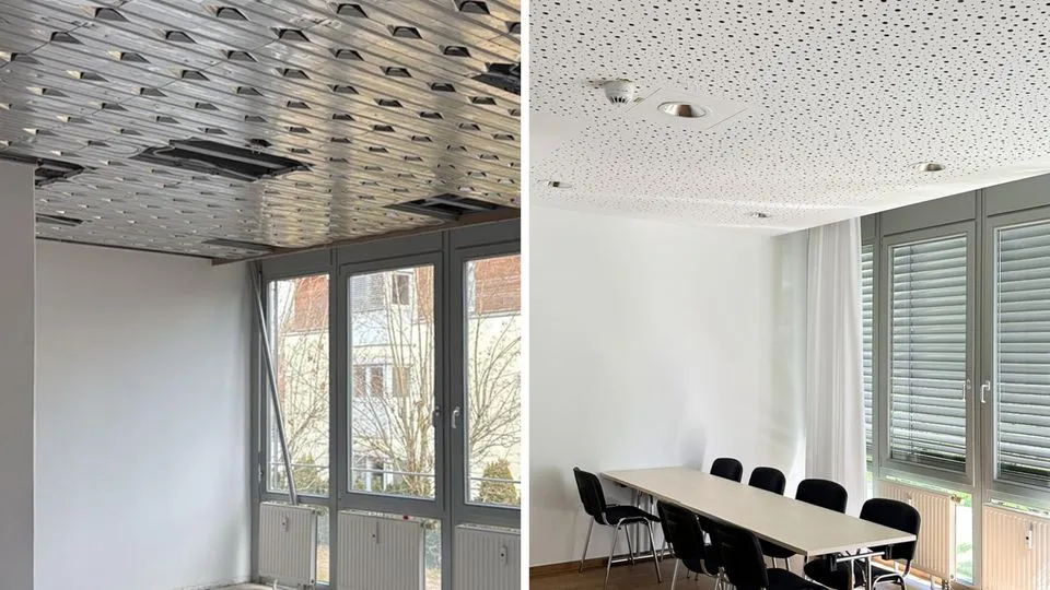 Vergleich Deckentemperierungssystem im Bau und im fertigen Raum mit Akustikdecke verkleidet.