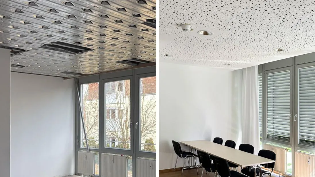 Vergleich Deckentemperierungssystem im Bau und im fertigen Raum mit Akustikdecke verkleidet.