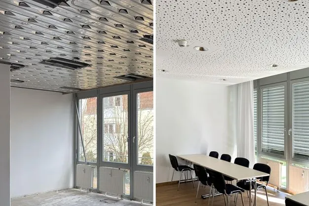 Vergleich Deckentemperierungssystem im Bau und im fertigen Raum mit Akustikdecke verkleidet.