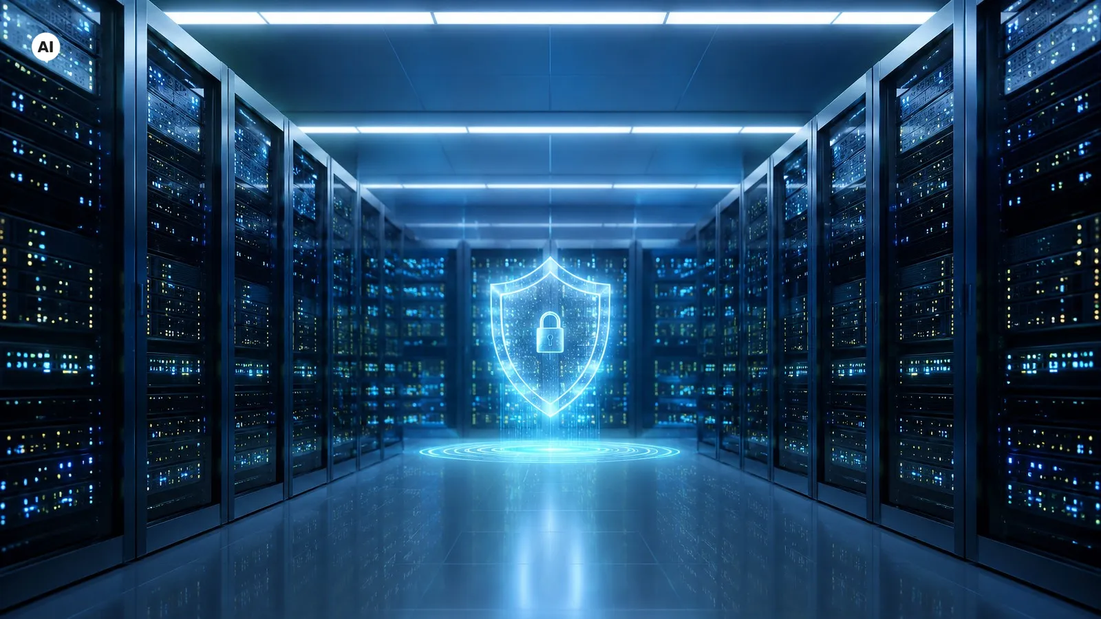 Ein Rechenzentrum mit einem Symbol für Sicherheit, KI-generiertes Bild (AI)